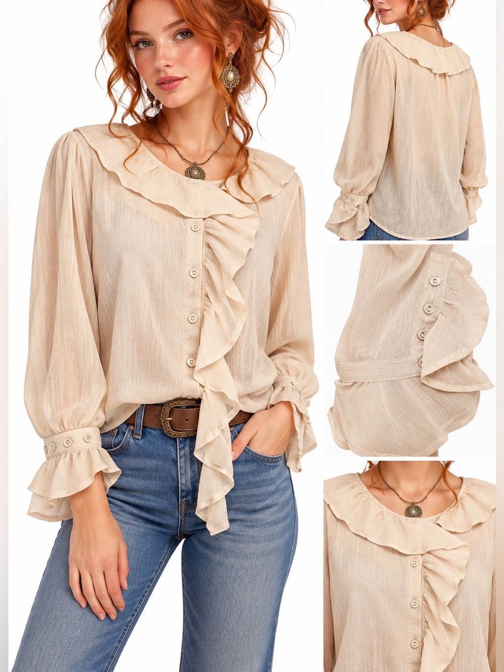 Sam Edelman Beige Soft Ruffle Front Long Sleeve Blouse Boho Romantic